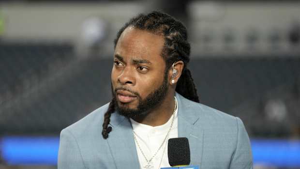 Aug 19, 2022; Inglewood, California, USA; Richard Sherman on the Amazon Prime Thursday Night Football set before the game between the Los Angeles Rams and the Houston Texans at SoFi Stadium. Mandatory Credit: Kirby Lee-USA TODAY Sports